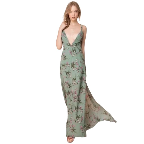Bebe Floral Deep V Plunge Crossback Long Prom Gown Maxi Dress - Picture 2 of 5